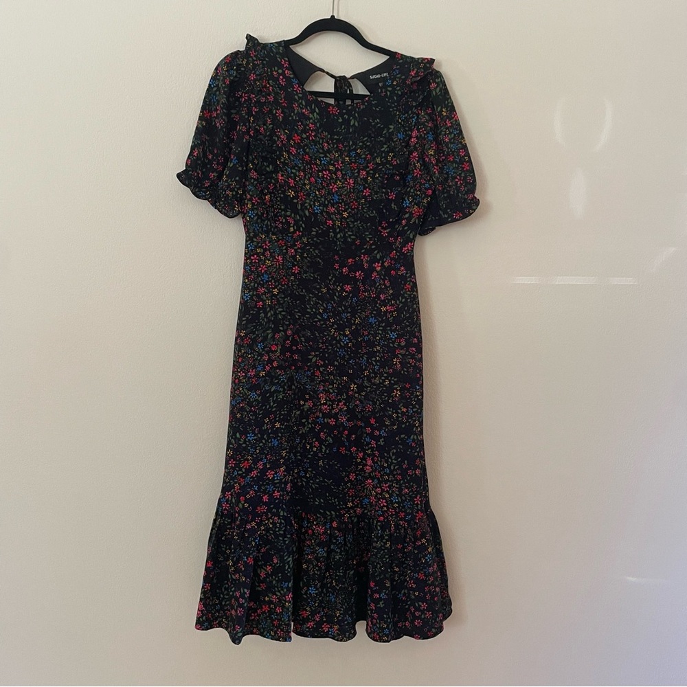 Sugar + Lips black Neon floral shirt sleeve open back midi dress XS